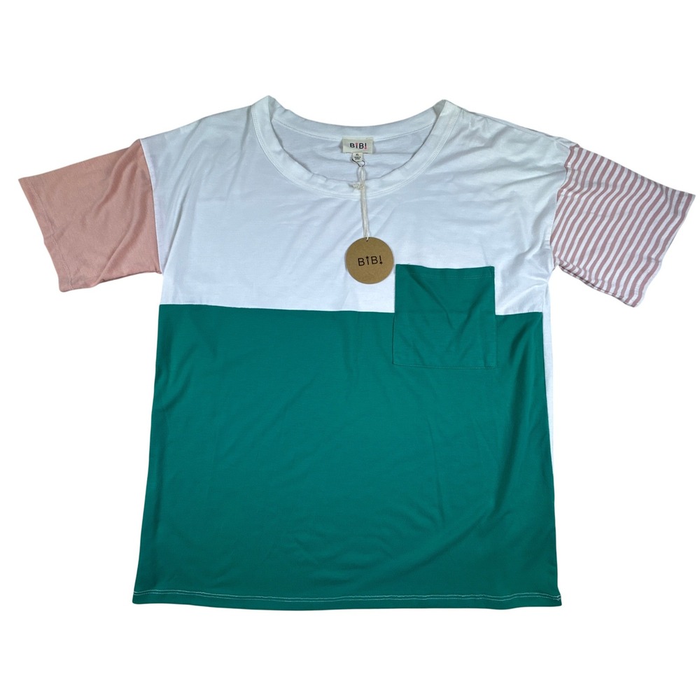 BIB! Color Block Pocket T Shirt Women XL White Green‎ Pink Striped Sleeve